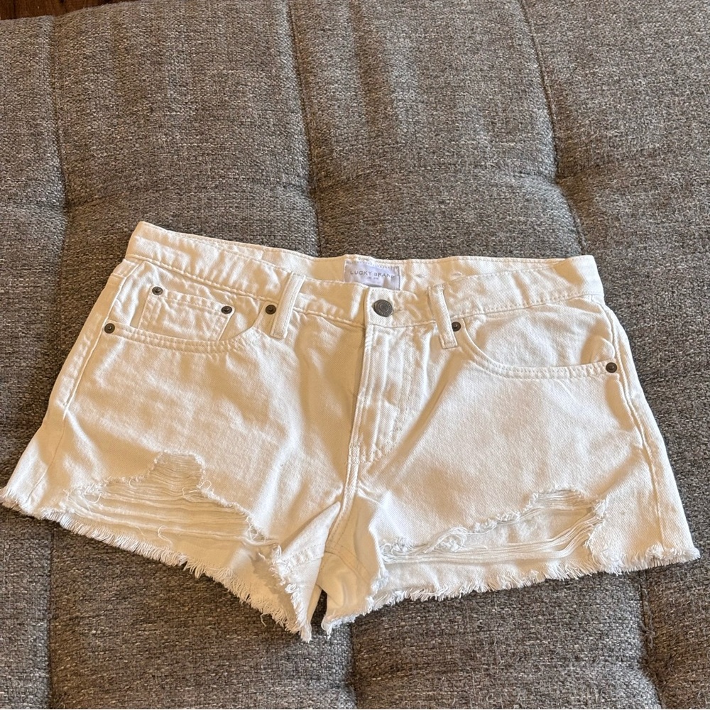 EUC Lucky Brand Women's White Distressed Jean Shorts Boy Mid Rise